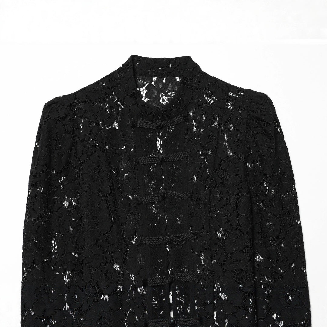 Damen elegante Spitzenjacke mit Stehkragen, dekorativen Kordelverschlüssen und cropped Silhouette – Célinea