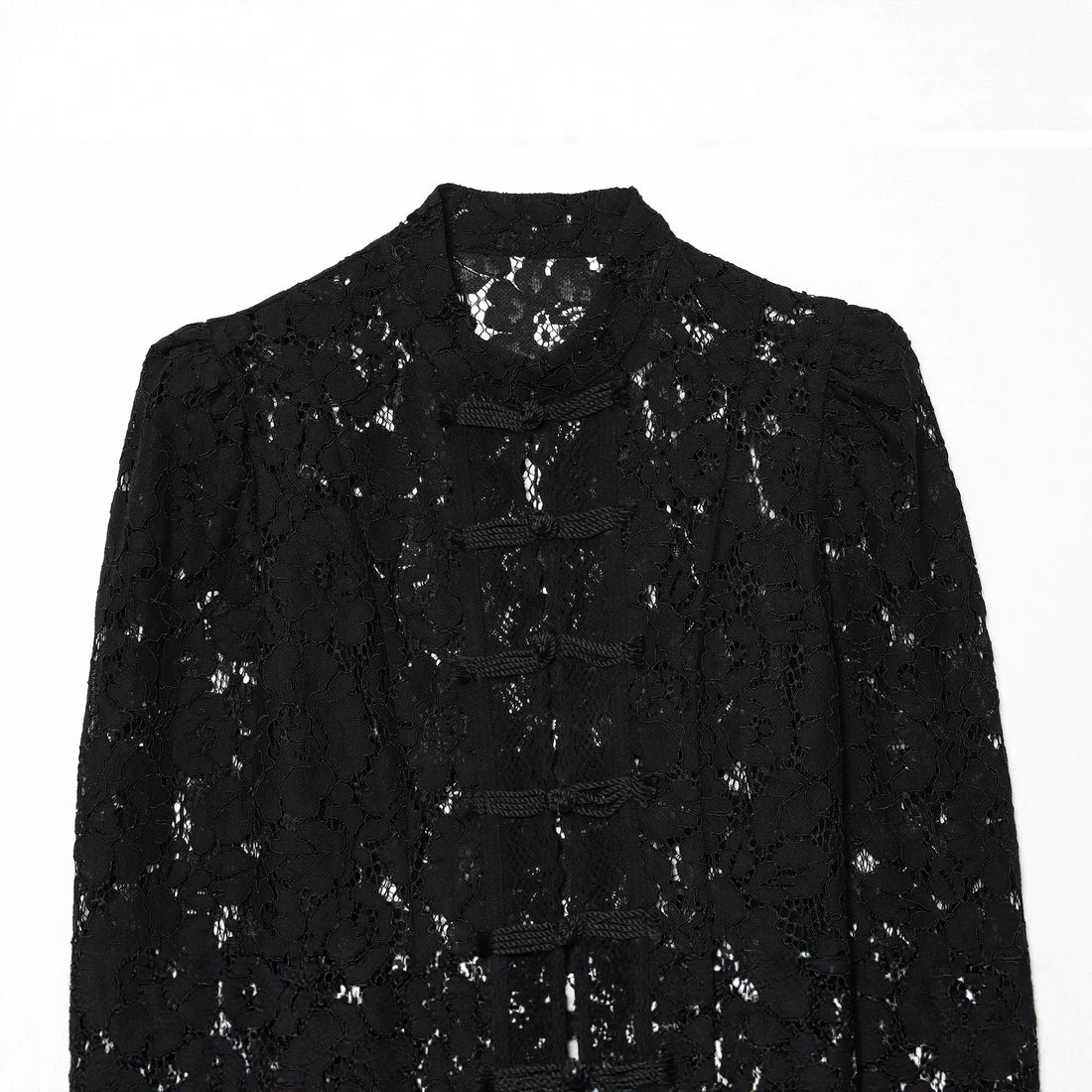 Damen elegante Spitzenjacke mit Stehkragen, dekorativen Kordelverschlüssen und cropped Silhouette – Célinea