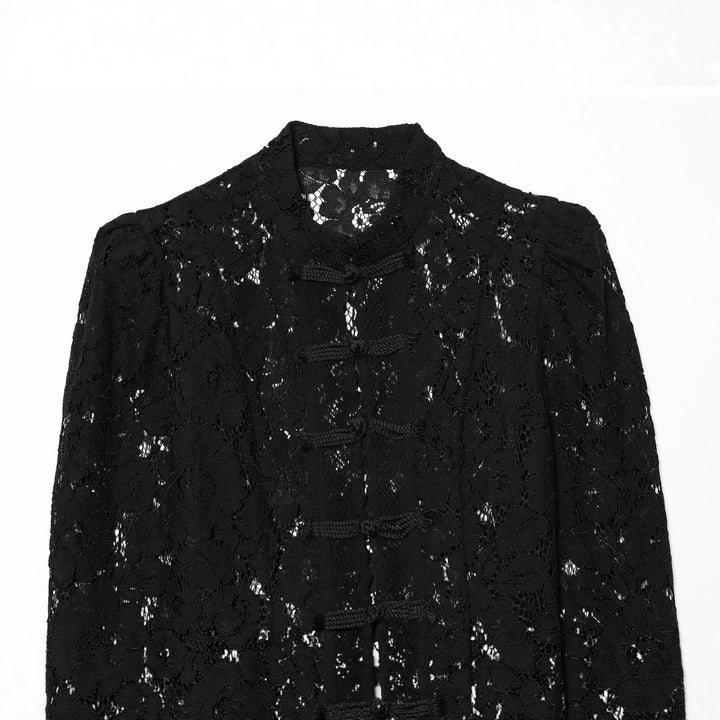 Damen elegante Spitzenjacke mit Stehkragen, dekorativen Kordelverschlüssen und cropped Silhouette – Célinea