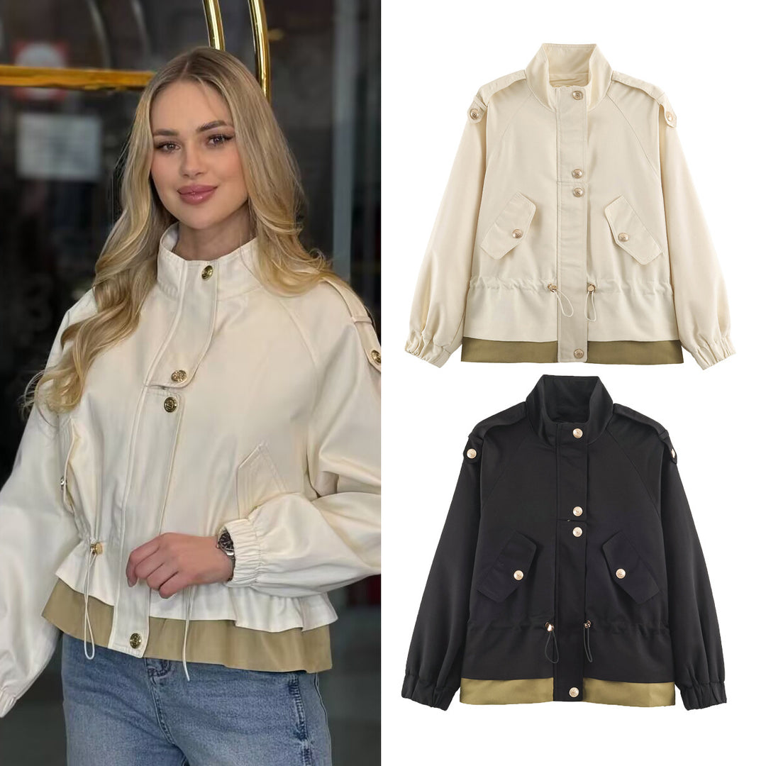Damen 10+ kurze Utility-Jacke mit Taillenraffung, Stehkragen und Schulterklappen Echo Archiv