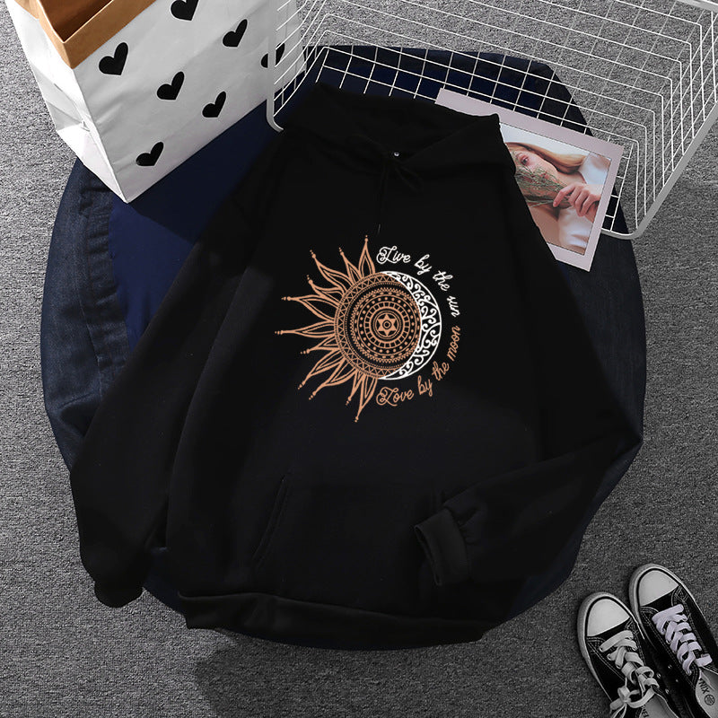 Damen Kapuzenpullover mit Sonn-und-Mond-Mandala, Kängurutasche und angerautem Fleece – Auréline