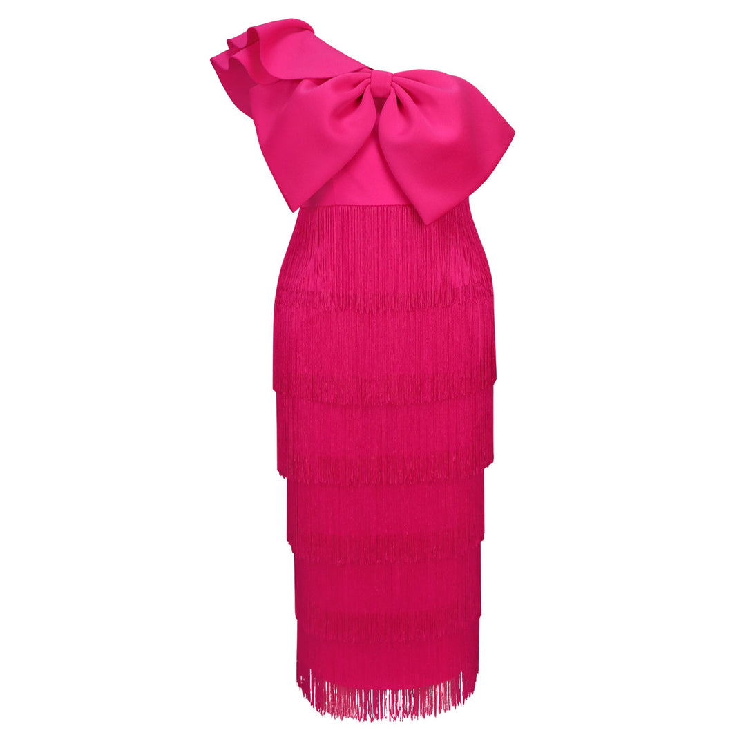Damen elegantes Kleid mit voluminösem Rüschenelement und Fransen Echo Archiv