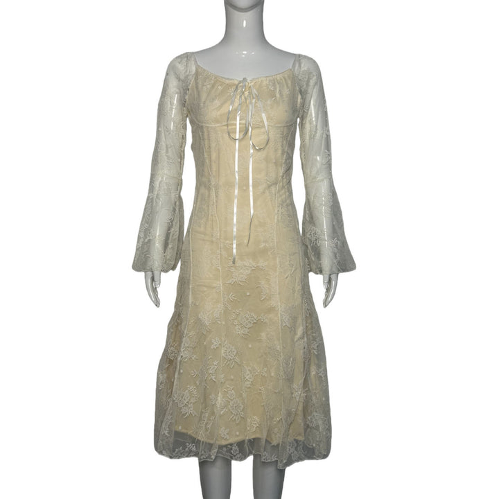 Damen Spitzenkleid mit Korsagen-Bustier, Glockenärmeln & zartem Spitzen-Overlay Echoarchiv