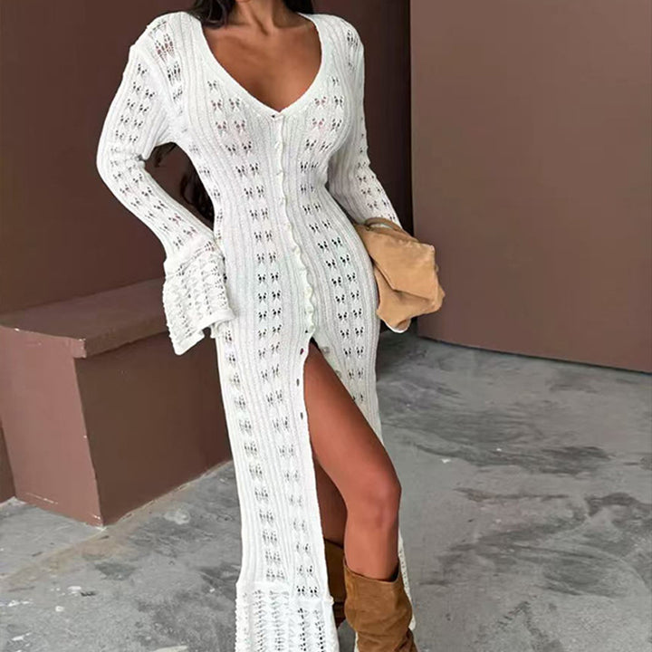 Damen Strickmaxikleid mit nostalgischem Lochmuster und elegantem V-Ausschnitt Echo Archiv