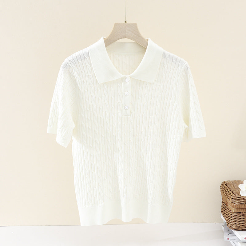 Damen Kurzärmeliges Strick-Poloshirt mit Zopfmuster und Knopfleiste Echo Archiv