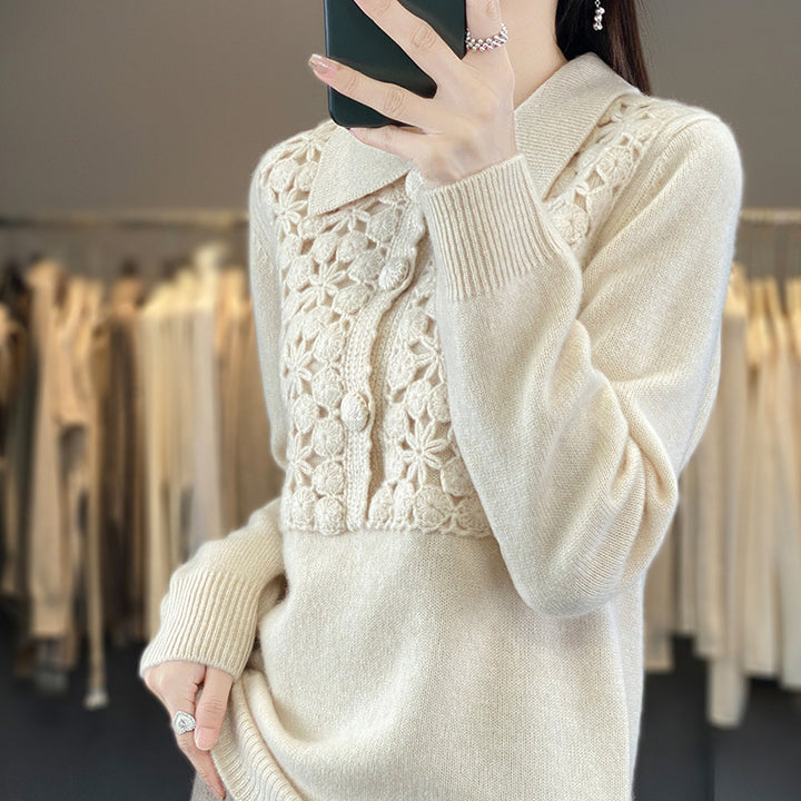 Damen Strickpullover mit gehäkelter Ajour‑Blende und Polokragen Echoarchiv