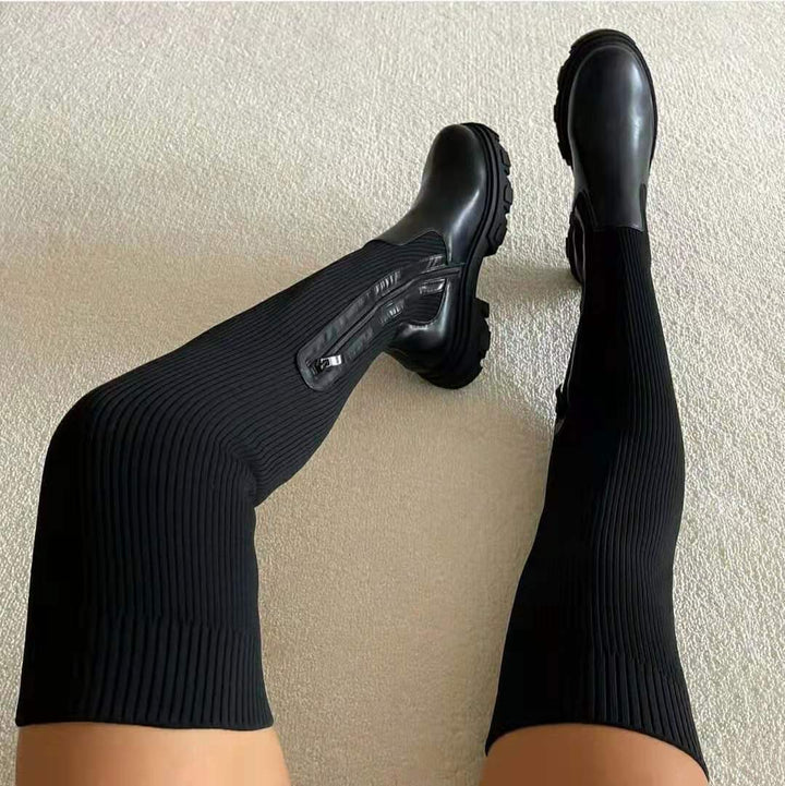Damen knielange Strickschaft-Chelsea-Boots mit kontrastfarbiger Profilsohle – Lioré