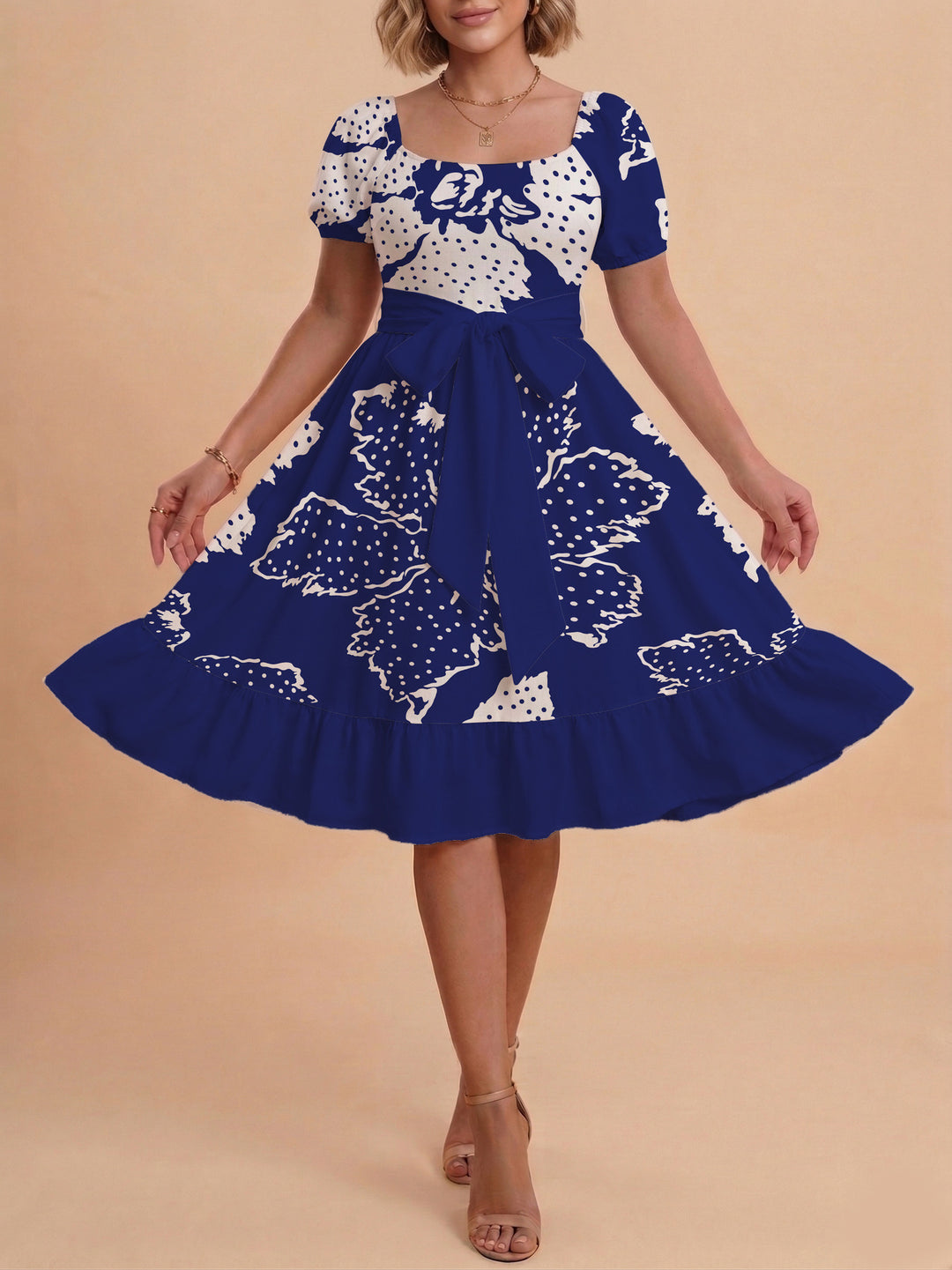 Damen A-Linien-Kleid mit floralen Motiven und taillierbarem Gürtel Echo Archiv