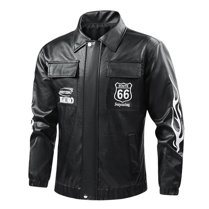 Men's patch-detail street-style zip-up jacket with stand collar and graphic sleeve prints – Taviero
