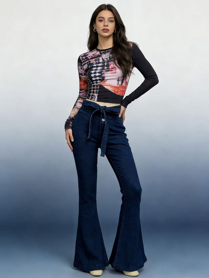 Damen nan High‑Waist Denimhose mit Schleifenbund, hoher Taille und weitem Schlag Echo Archiv
