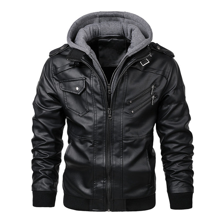 Herren Lederoptik-Utility-Jacke mit Kapuze, Reißverschlusstaschen und Rippbündchen – Taviero