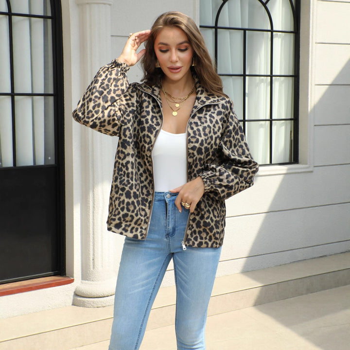 Damen Leopard-Print Bomberjacke mit Stehkragen, Reißverschluss und Gummizug Echoarchiv