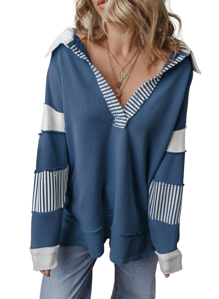 Damen Oversize Sweatshirt mit V-Ausschnitt, gestreiften Ärmelaufsätzen und Kontrastdetails – Mavelle