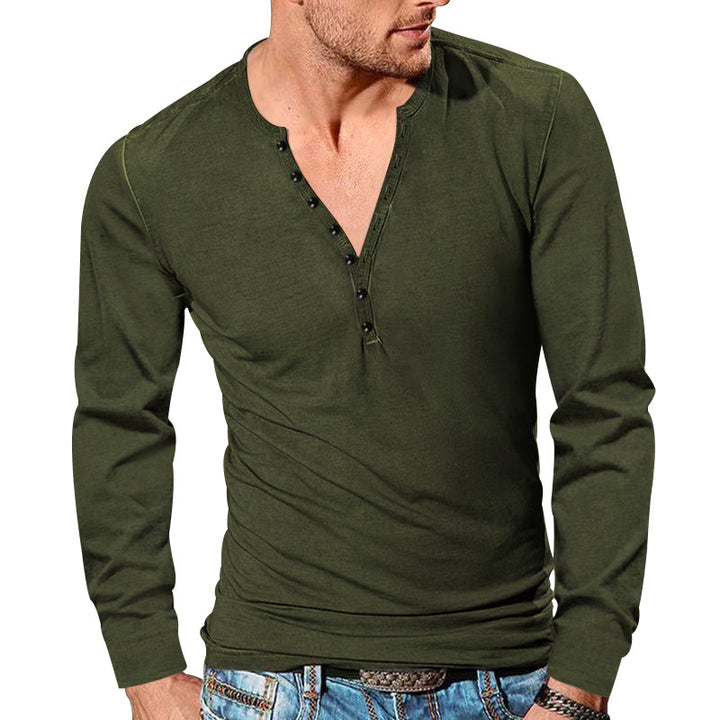 Herren nan langärmeliges Henleyshirt mit tiefer V-Knopfleiste, schmalem Slimfit und leichter Baumwollmischung Echo Archiv