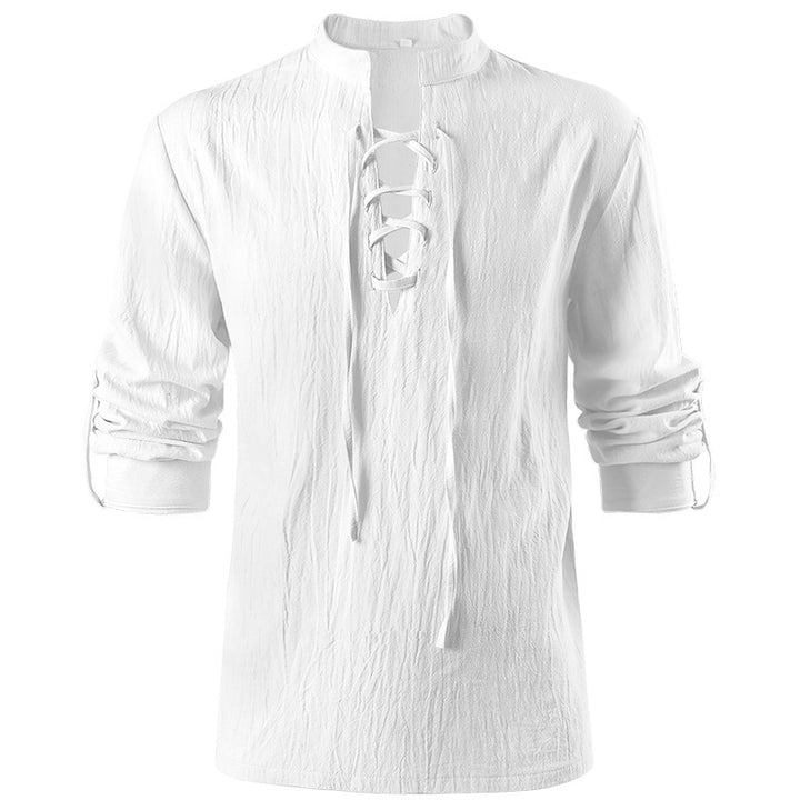 Herren lässiges Kurzarmshirt mit geschnürter V-Kehle, kurzem Stehkragen und weichem Baumwollmix – Marzano