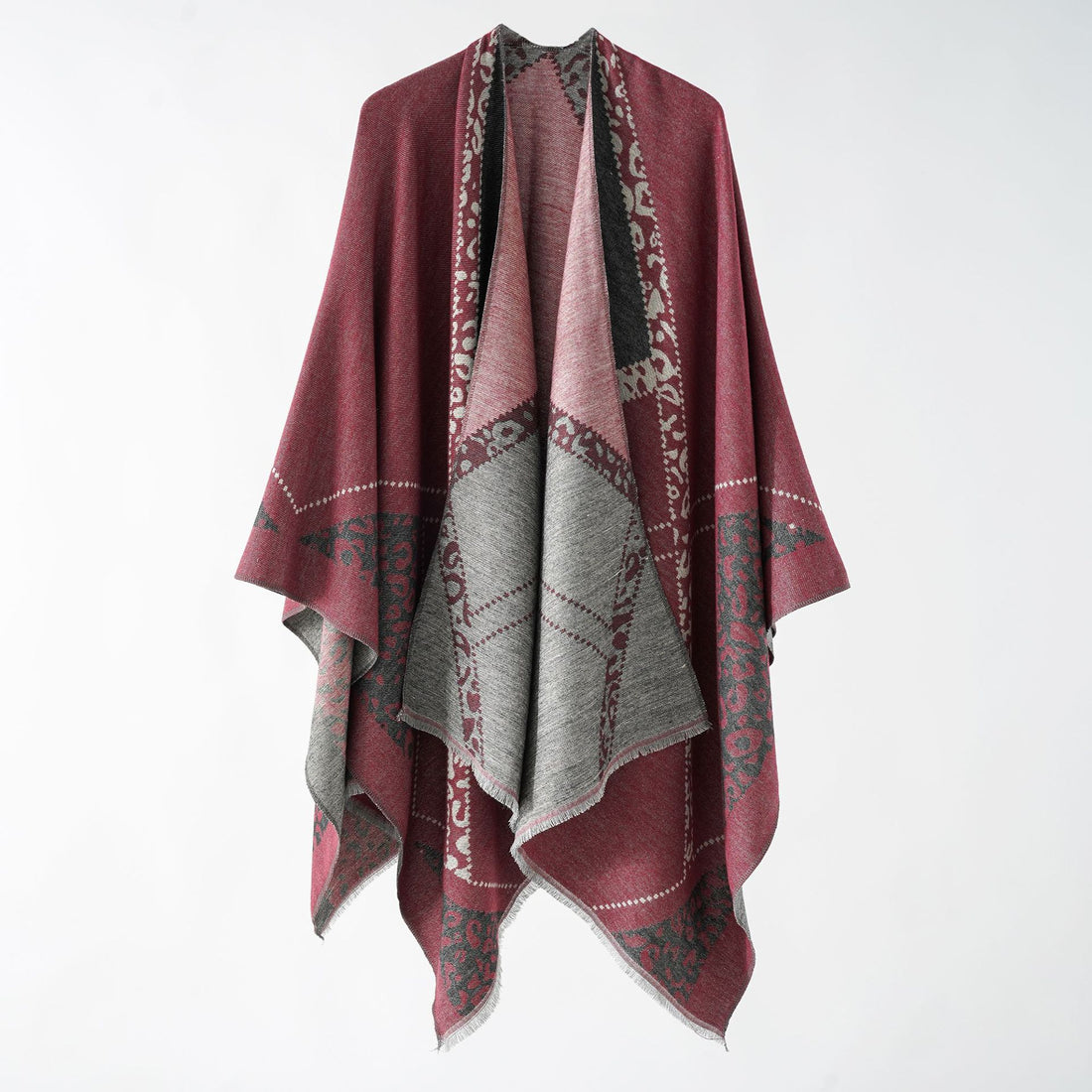 Damen Wendbarer Doubleface-Stola-Poncho aus Wollmix mit feinem Fransenrand – Célinea