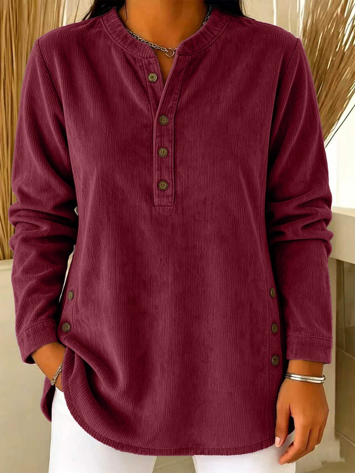 Damen Lässige Cordoptik‑Tunika mit Henley‑Kragen und Seitenknöpfen – Avérine