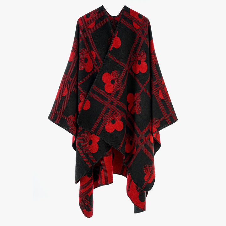 Damen Grobgewebter Deckenponcho im Ruana‑Schnitt mit floraler Karo‑Jacquard – Avérine