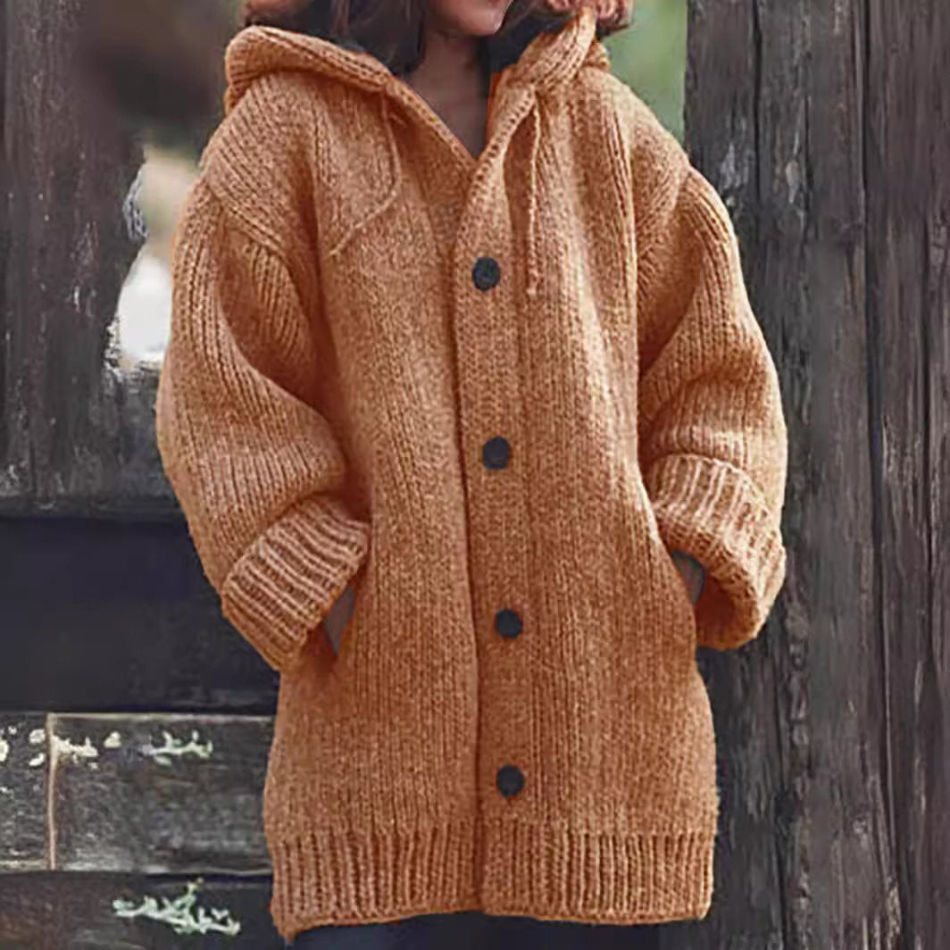 Damen weit geschnittener Kapuzen-Strickmantel mit Knopfleiste und Eingrifftaschen Echo Archiv