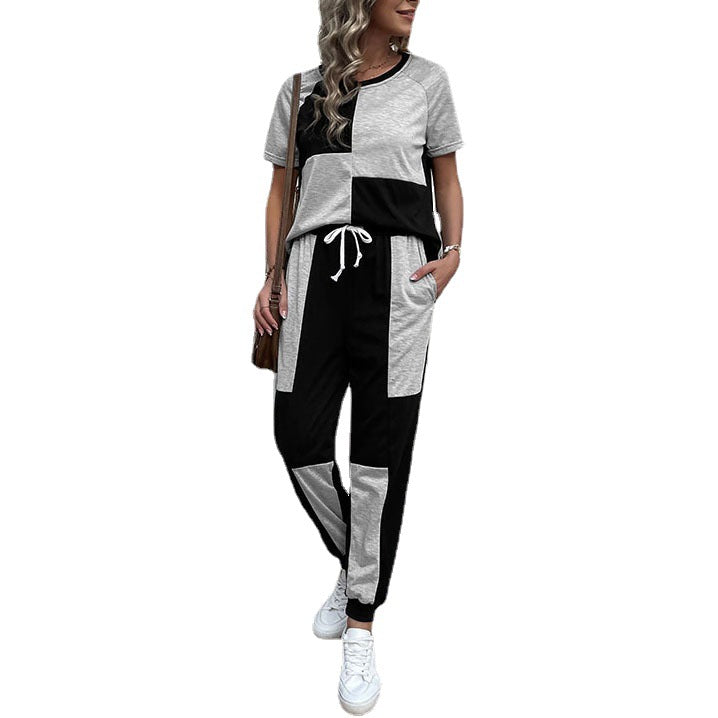 Damen Zweiteiler Freizeit-Set aus Baumwollmix mit Colorblock-Shirt und Jogginghose – Élanora