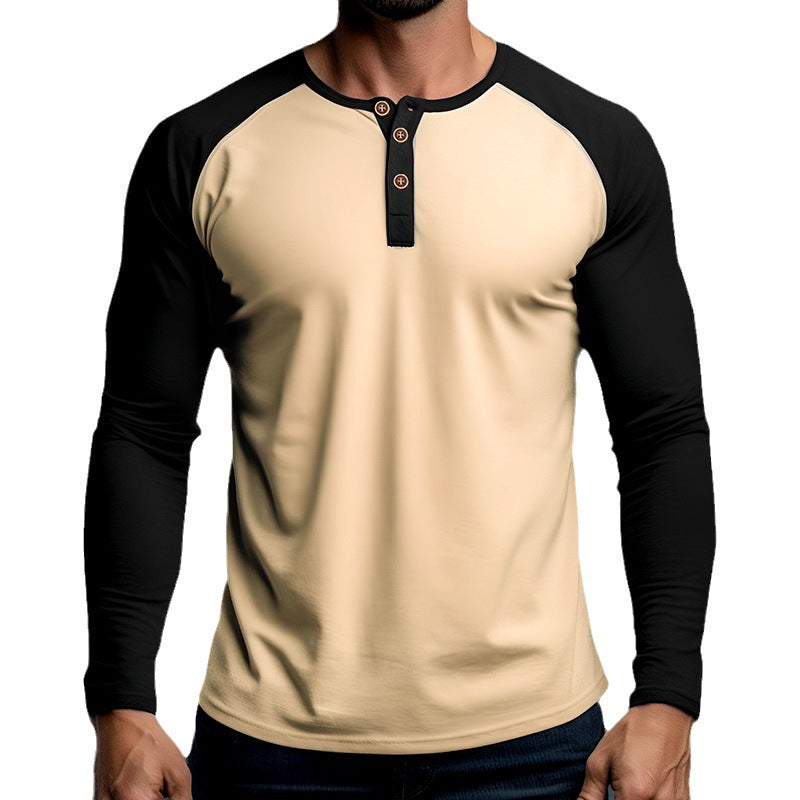 Herren Langarm-Henley-Shirt mit kontrastierenden Ärmel und modischem Knopfdesign Echoarchiv