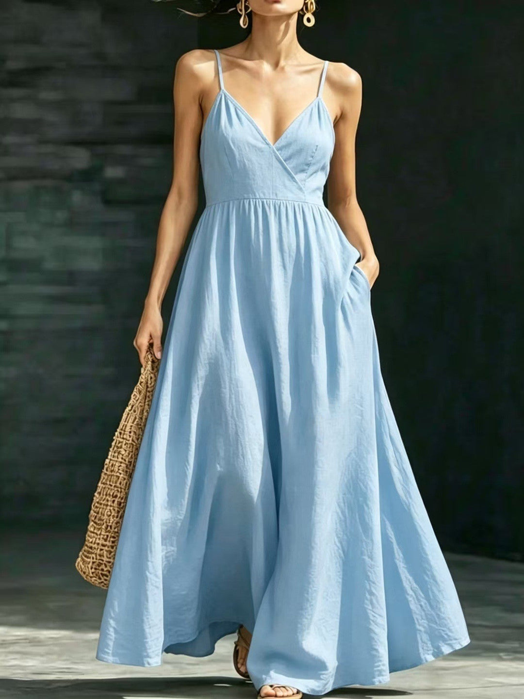 Echoarchiv Damen Sommerkleid Midikleid Spaghettiträger V-Ausschnitt