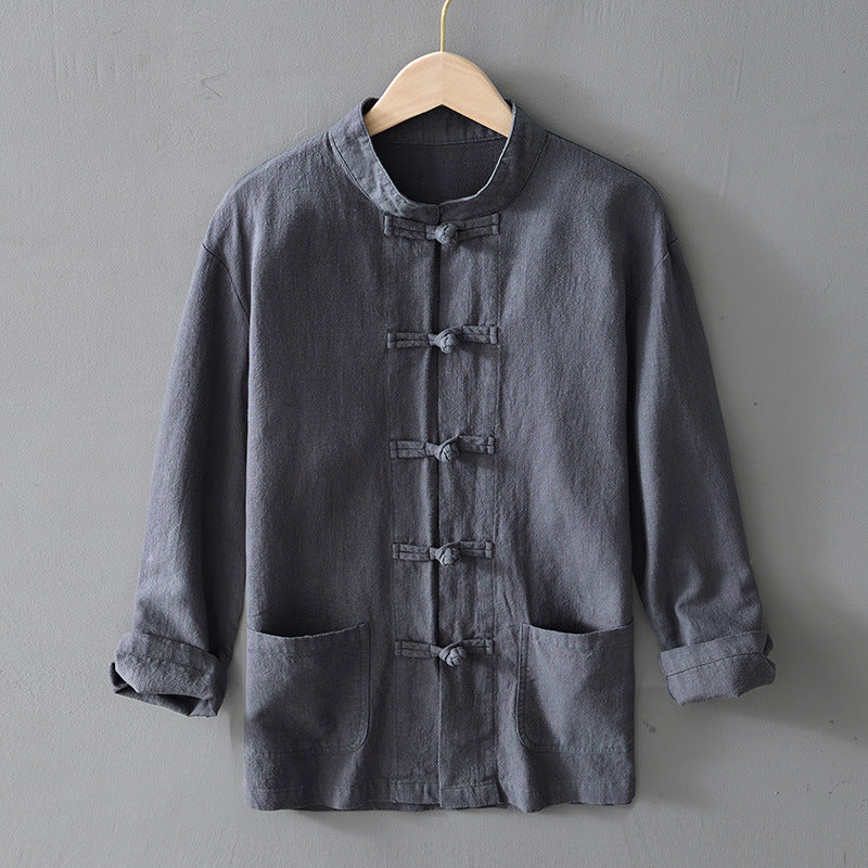 Herren nan leichte Leinenjacke im traditionellen chinesischen Stil mit Stehkragen und Knotenverschlüssen Echo Archiv