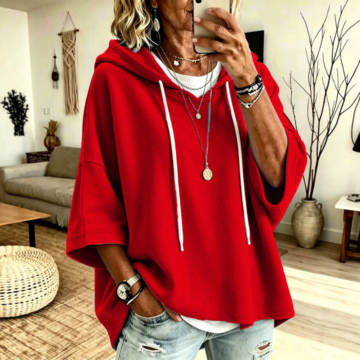 Damen Kurzarm-Oversize-Hoodie mit Kapuze und Kontrastkordel Echoarchiv