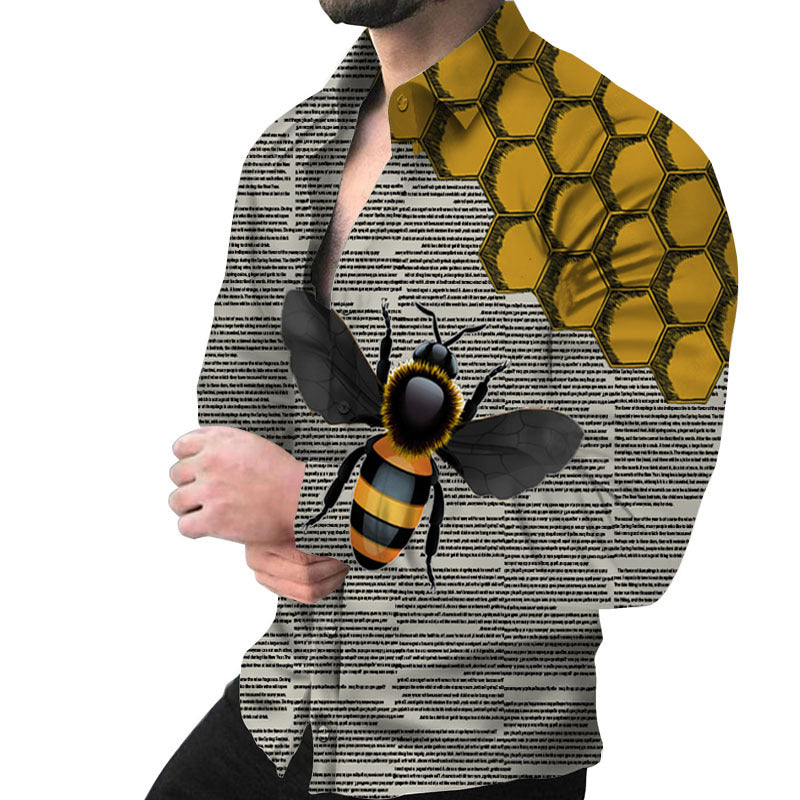 Herren Kreatives Langarmhemd mit künstlerischem Bienenmuster und strukturiertem Design Echoarchiv