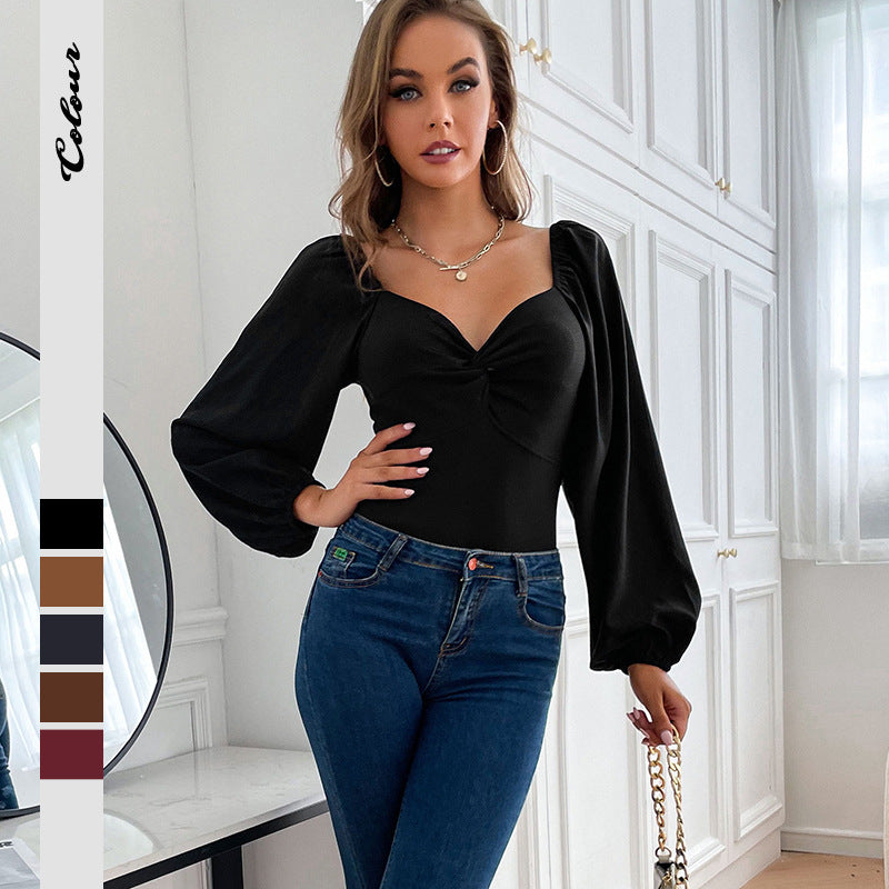 Damen Figurbetonter Langarm-Body mit gedrehtem Bustier und Ballonärmeln – Bodéline