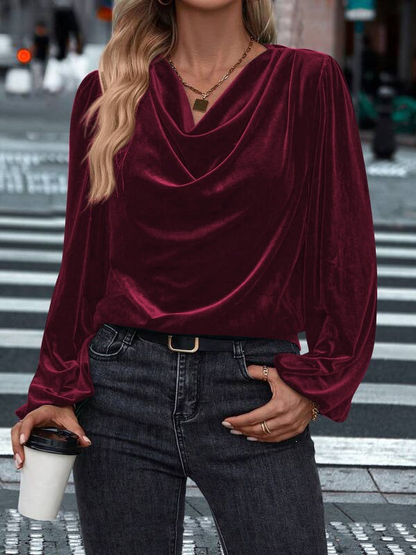 Damen Drapiertes Samtblusenshirt mit Wasserfall‑Ausschnitt und Puffschultern Echoarchiv