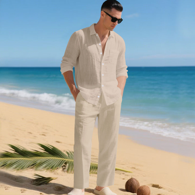 Herren leichtes Leinen-Outfit mit stilvollem Hemd und eleganter Hose Echoarchiv