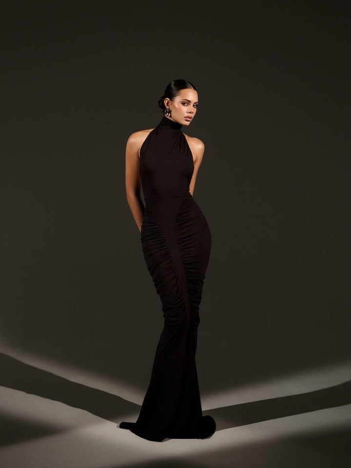 Damen Elegantes Leopardenmuster Maxikleid mit hohen Kragen und raffinierten Schnitten Echo Archiv