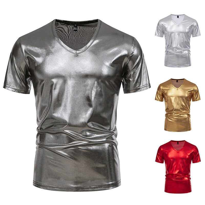 Herren V-Ausschnitt T-Shirt aus glänzendem Material mit persönlichem Stil Echoarchiv