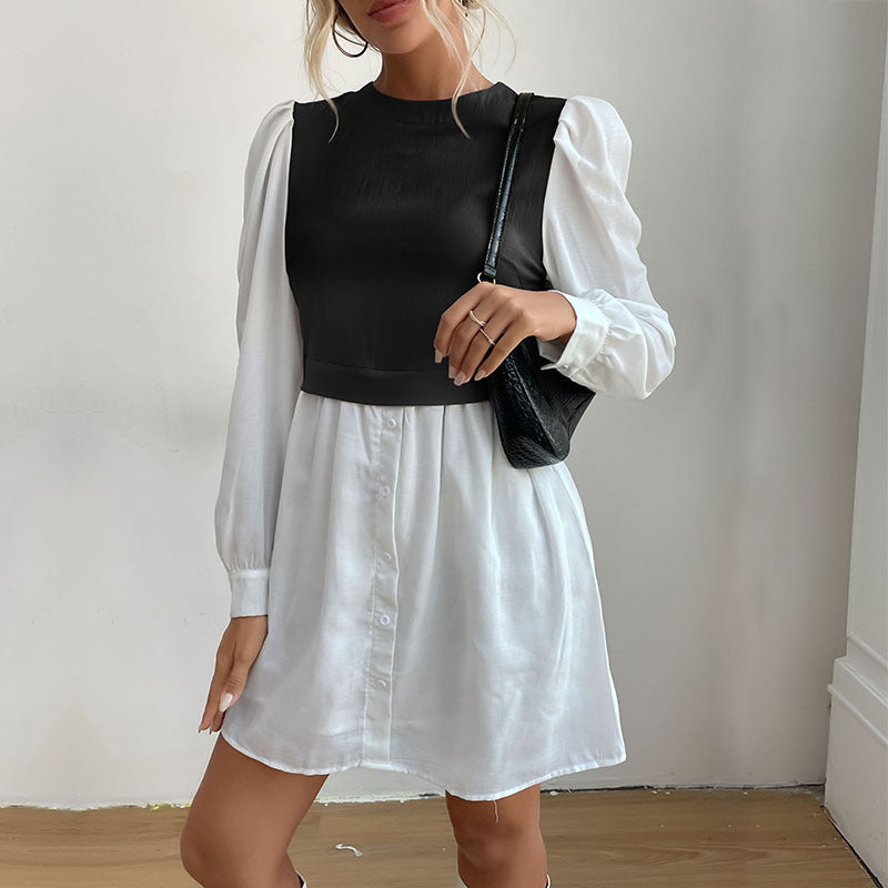 Damen Hemdblusenkleid mit eingesetzter kurzgeschnittener Weste, Puffärmeln und taillierter Silhouette Echoarchiv