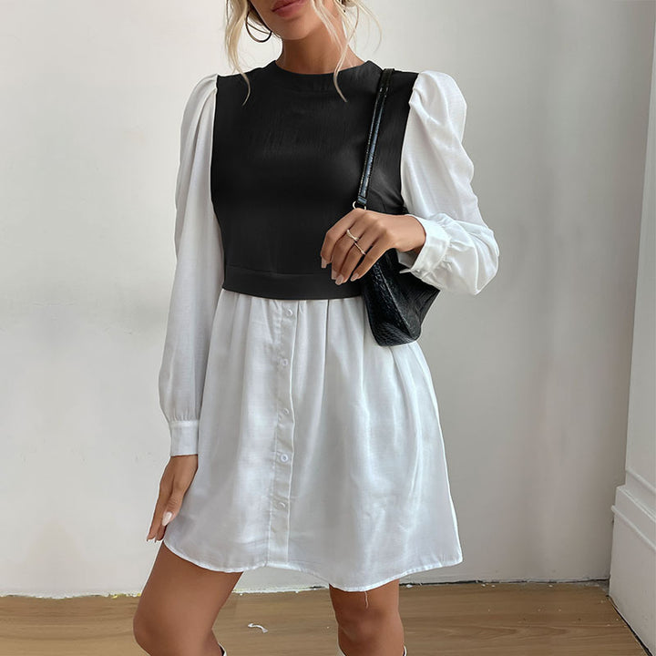 Damen Hemdblusenkleid mit eingesetzter kurzgeschnittener Weste, Puffärmeln und taillierter Silhouette Echoarchiv