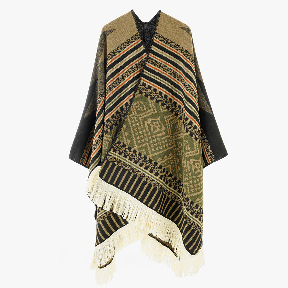 Damen Gewebter Jacquard-Poncho mit V-Ausschnitt, Ethno‑Print und Fransen – Avérine
