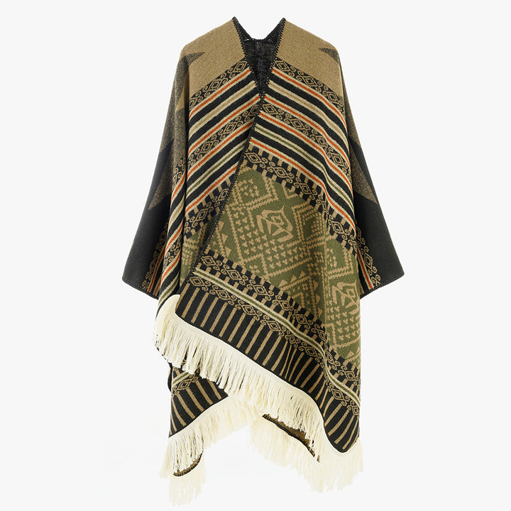 Damen Gewebter Jacquard-Poncho mit V-Ausschnitt, Ethno‑Print und Fransen – Avérine