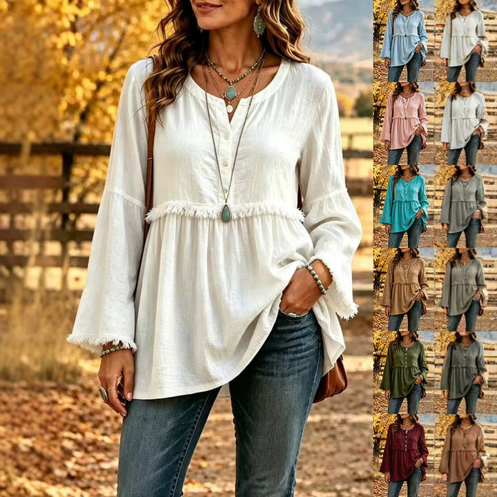 Damen Fransen-Tunika-Bluse mit V-Ausschnitt und Glockenärmeln – Élovi