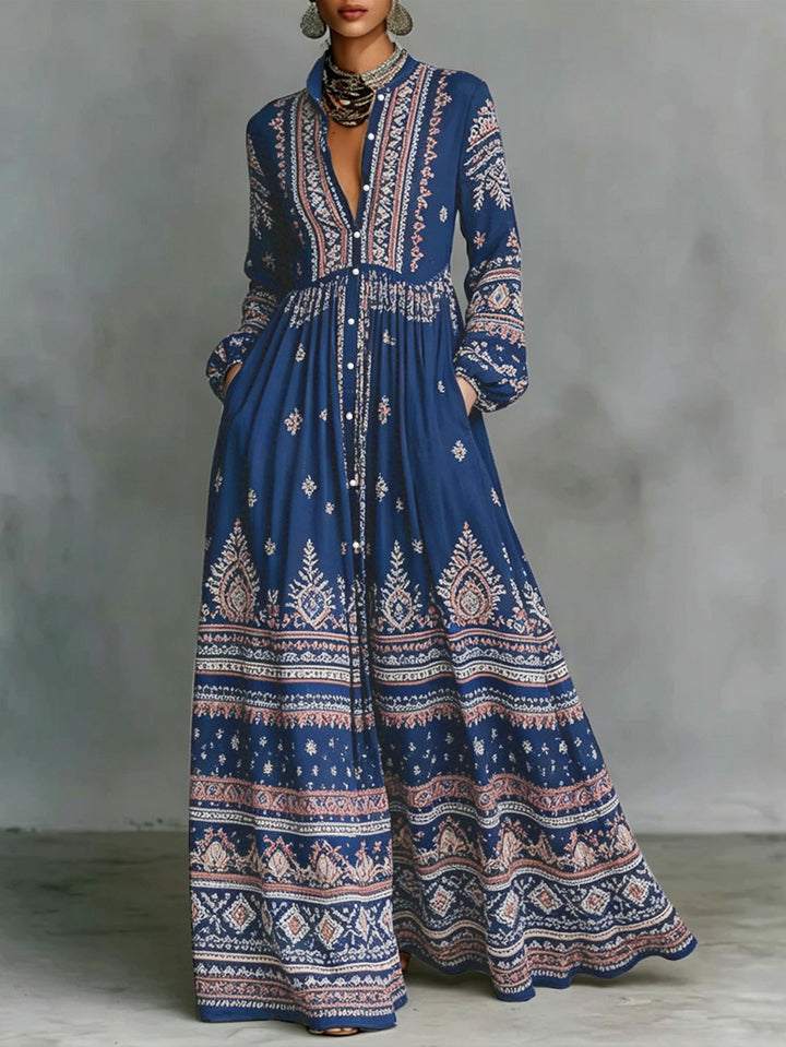 Damen Boho-Maxi-Hemdkleid mit Stickbordüren, hoher Stehkragen und Taschen Echoarchiv