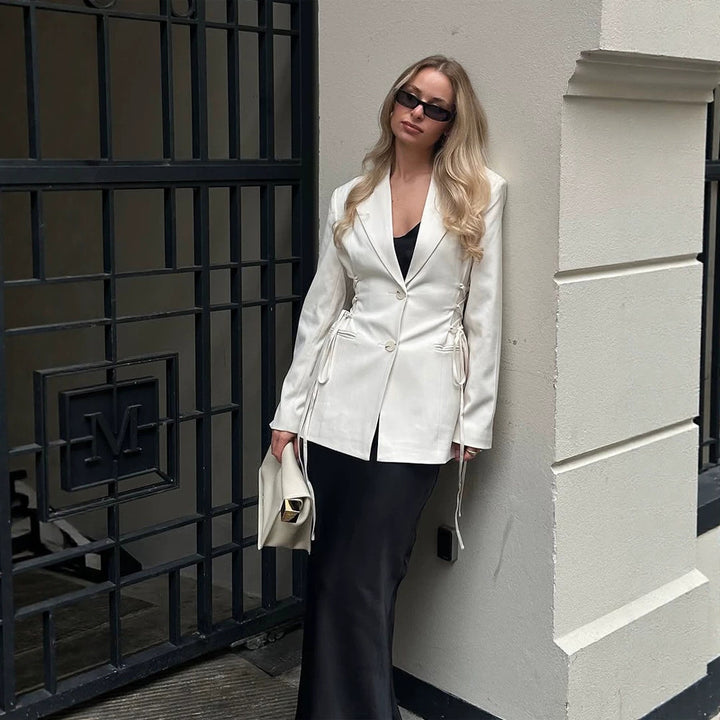 Damen taillierter Blazer mit tiefem V‑Ausschnitt, Zipperfront und Kordelzug-Detail Echoarchiv