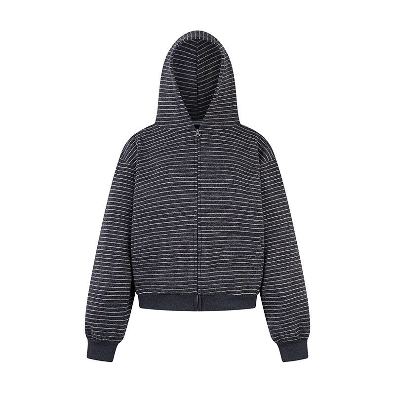 Damen Kurz geschnittene Kapuzen‑Zipjacke mit horizontalem Streifenrelief und elastischem Bund Echoarchiv