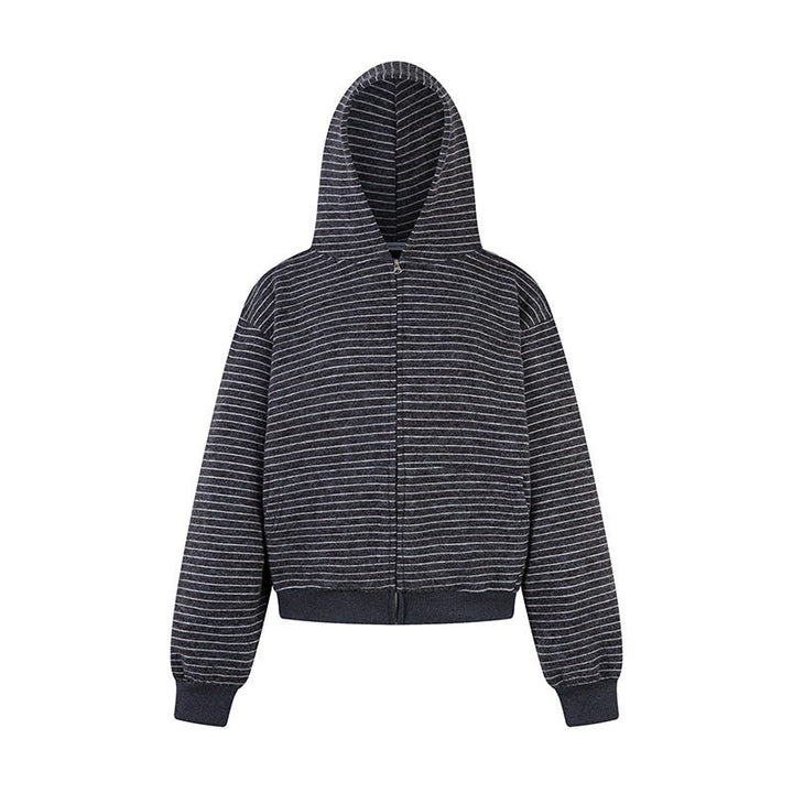 Damen Kurz geschnittene Kapuzen‑Zipjacke mit horizontalem Streifenrelief und elastischem Bund Echoarchiv