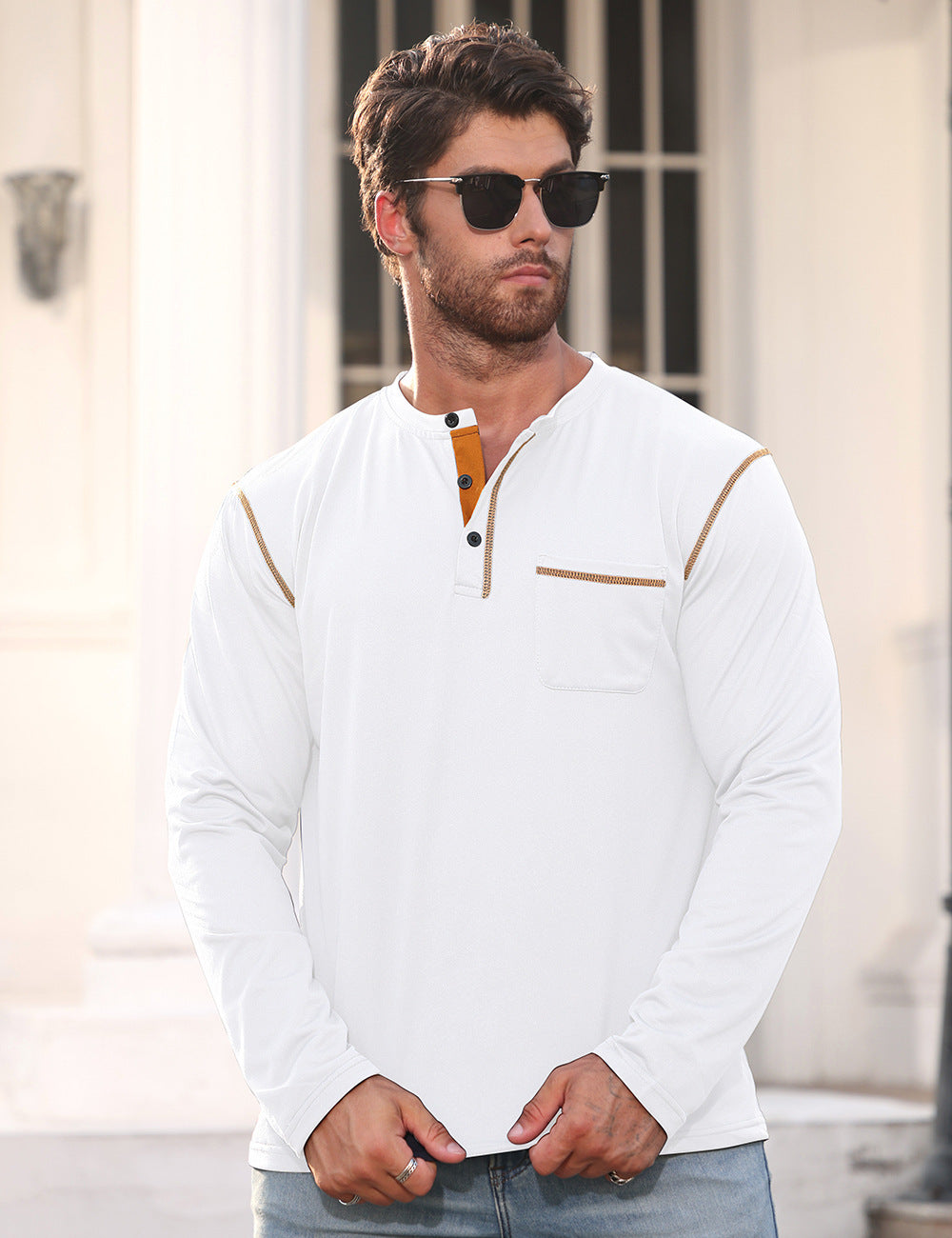 Herren Langarmshirt mit Knopfleiste und Brusttasche Echoarchiv