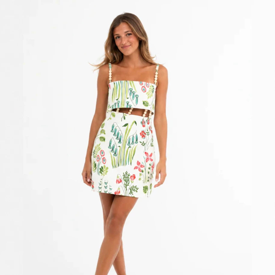 Damen nan zweiteiliges Sommer-Set mit Perlen-Trägern Bandeau-Oberteil und tailliertem Minirock mit Taillenausschnitt Echo Archiv