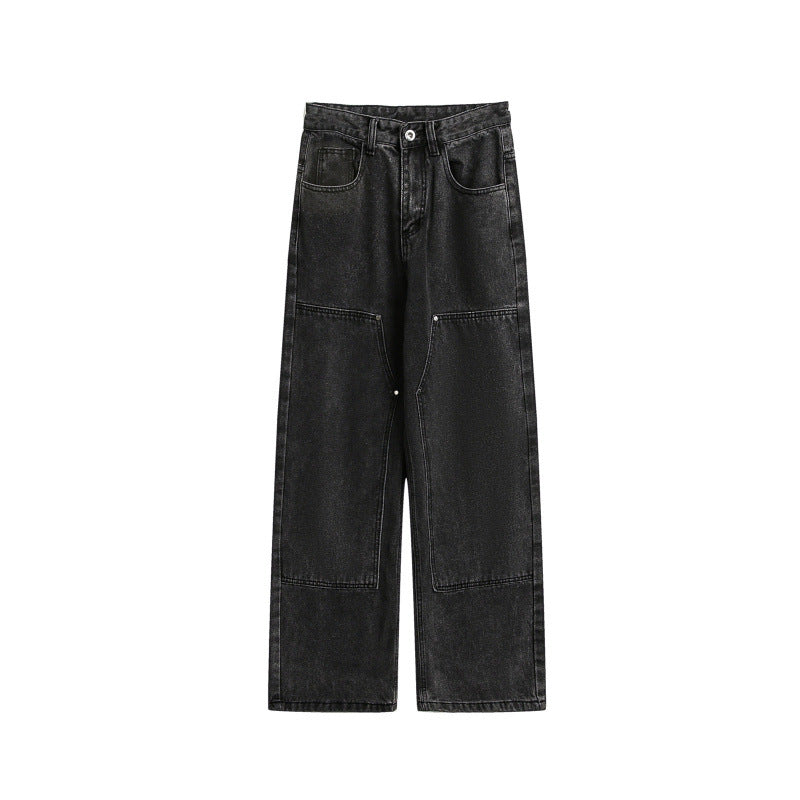 Damen Weite Utility-Denimhose mit Knie‑Patch, hohem Bund und geradem Bein Echo Archiv
