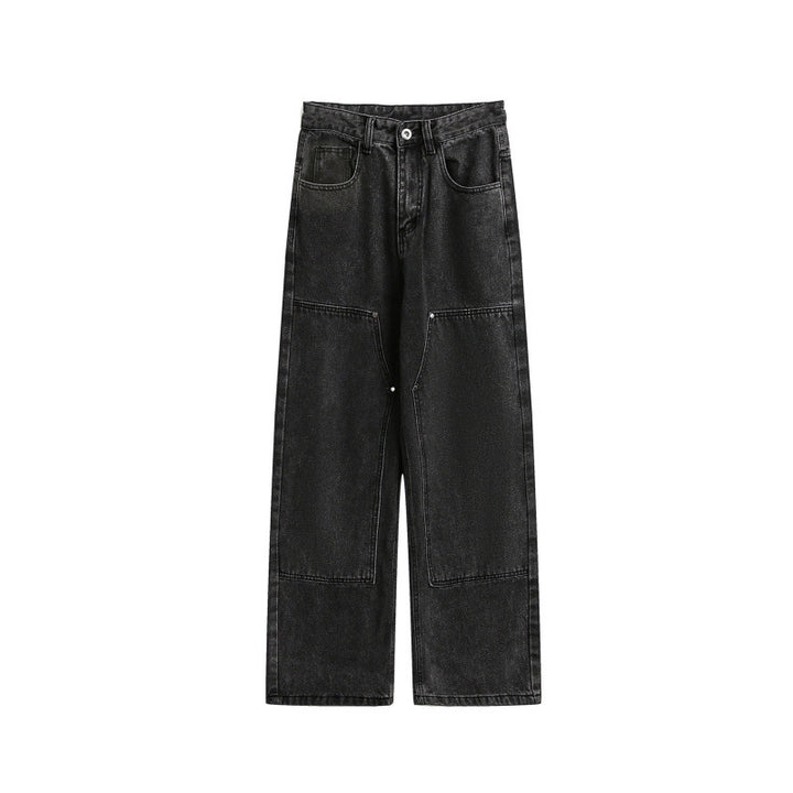 Damen Weite Utility-Denimhose mit Knie‑Patch, hohem Bund und geradem Bein Echo Archiv