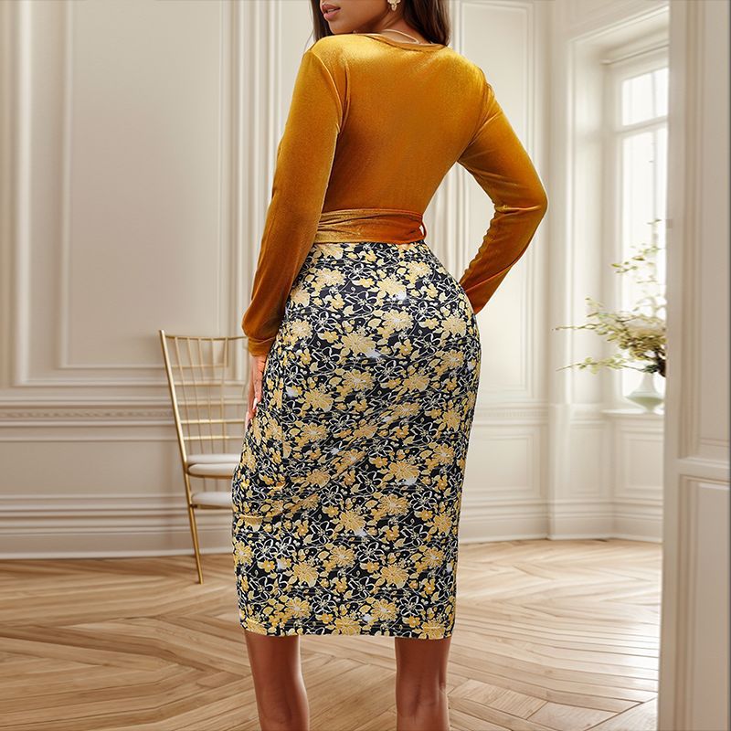 Damen Wickelkleid mit Samtoberteil und floraler Jacquard-Bleistiftrock Echoarchiv