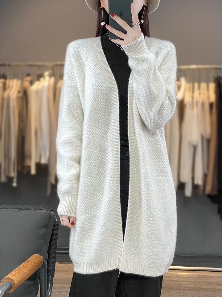 Damen Langer Offener Strickcardigan mit Samenmuster und gerippten Abschlüssen Echoarchiv