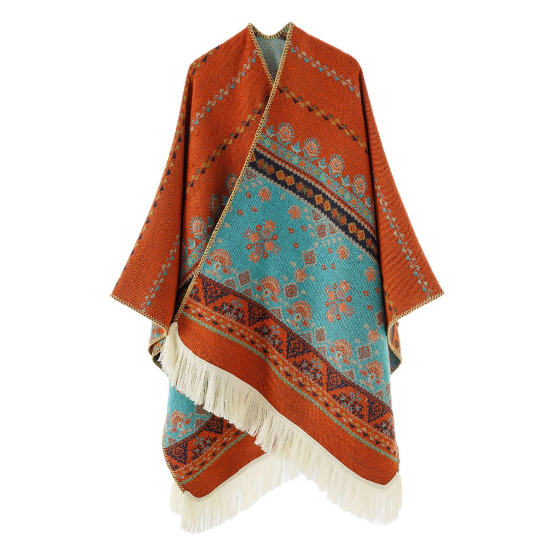Damen Gewebter Ethno-Poncho mit Fransen und Jacquardmuster Echo Archiv